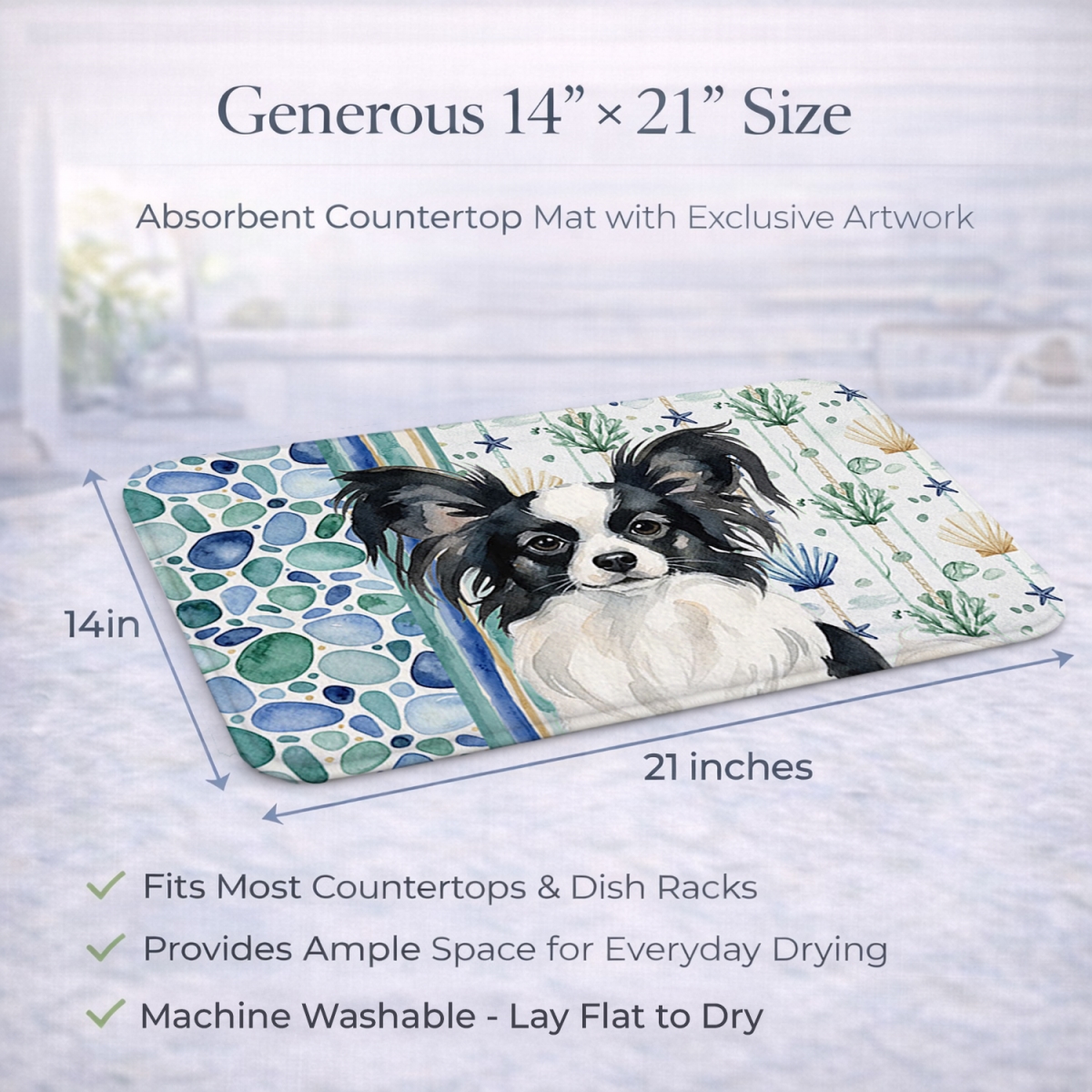 Picture of Carolines Treasures WDK7141DDM 21 x 14 in. Black & White Papillon Coastal Sea Glass Dish Drying Mat