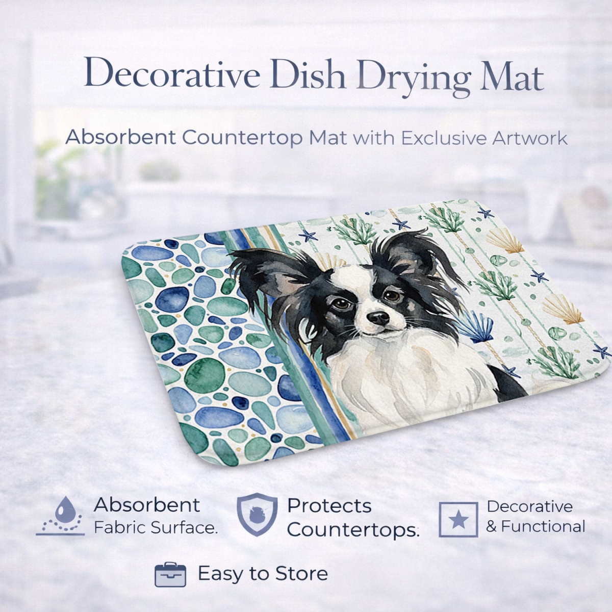 Picture of Carolines Treasures WDK7141DDM 21 x 14 in. Black & White Papillon Coastal Sea Glass Dish Drying Mat