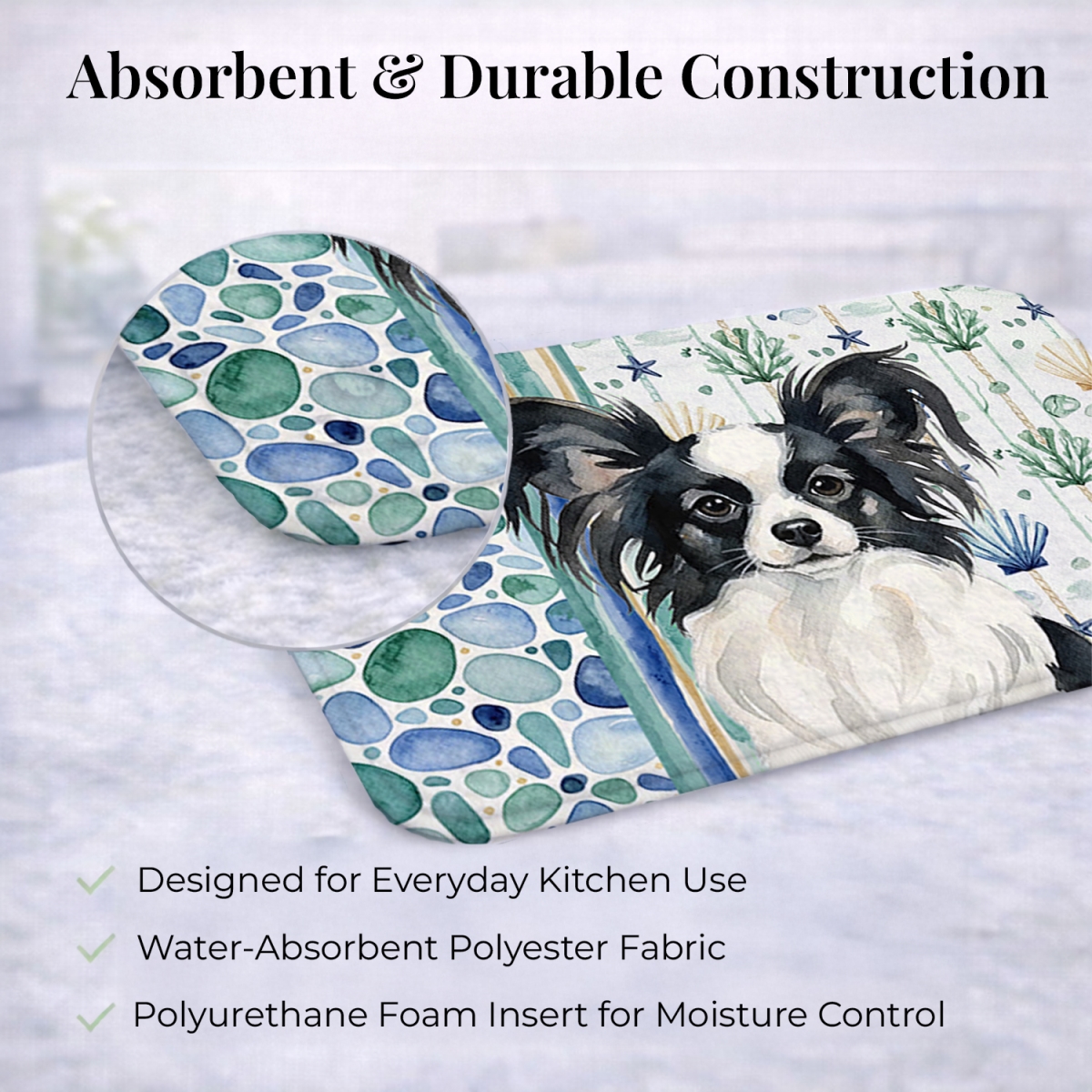 Picture of Carolines Treasures WDK7141DDM 21 x 14 in. Black & White Papillon Coastal Sea Glass Dish Drying Mat