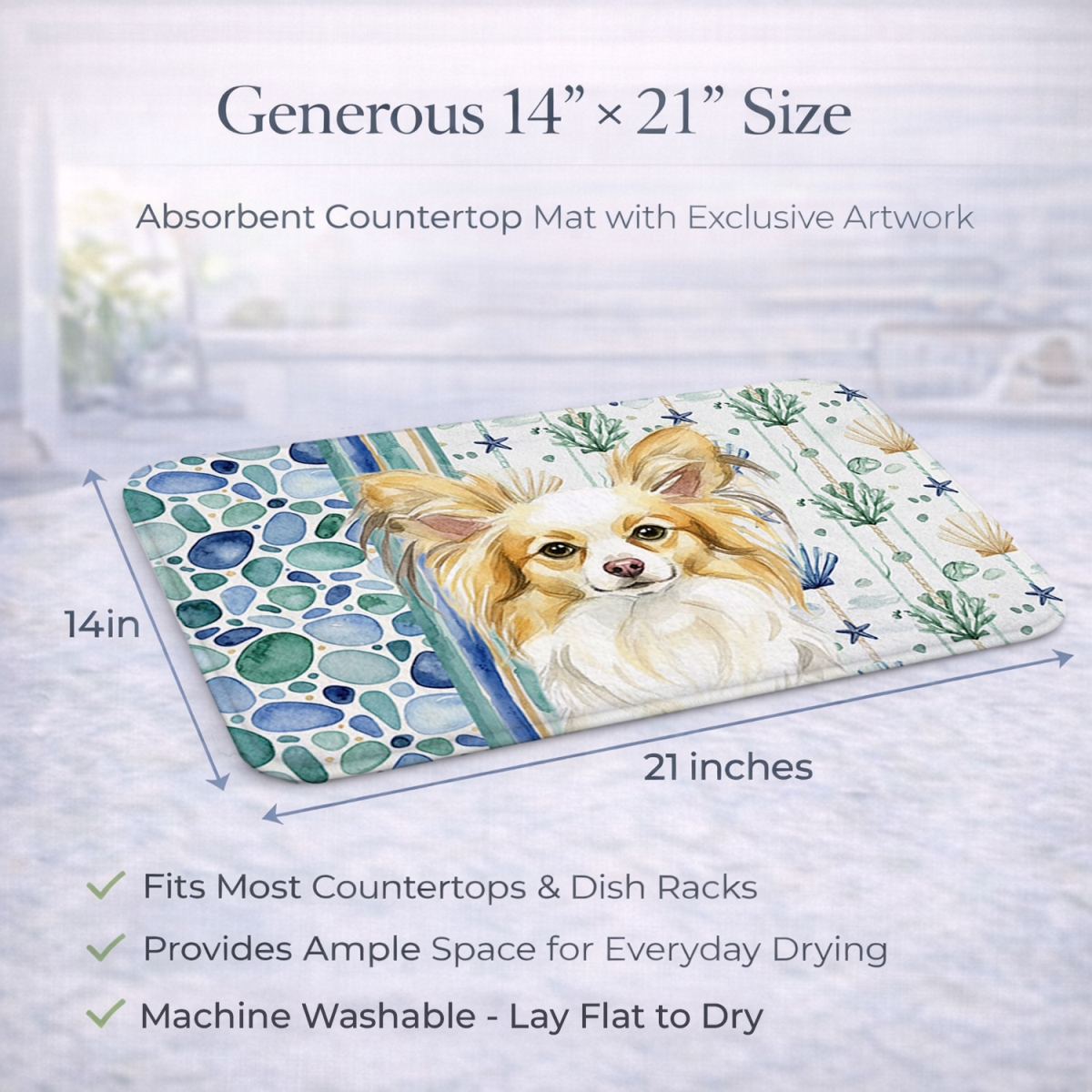Picture of Carolines Treasures WDK7142DDM 21 x 14 in. Lemon & White Papillon Coastal Sea Glass Dish Drying Mat
