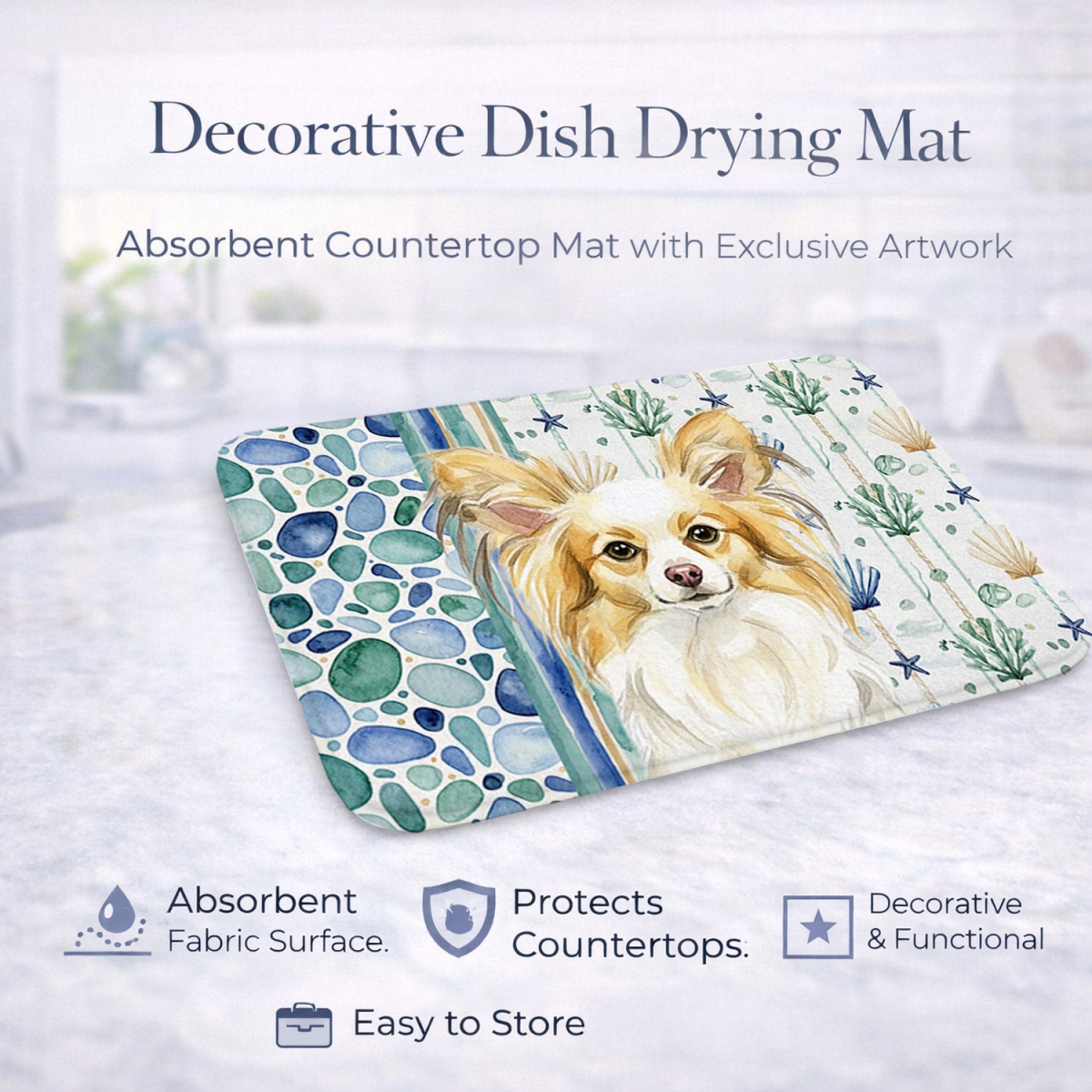 Picture of Carolines Treasures WDK7142DDM 21 x 14 in. Lemon & White Papillon Coastal Sea Glass Dish Drying Mat