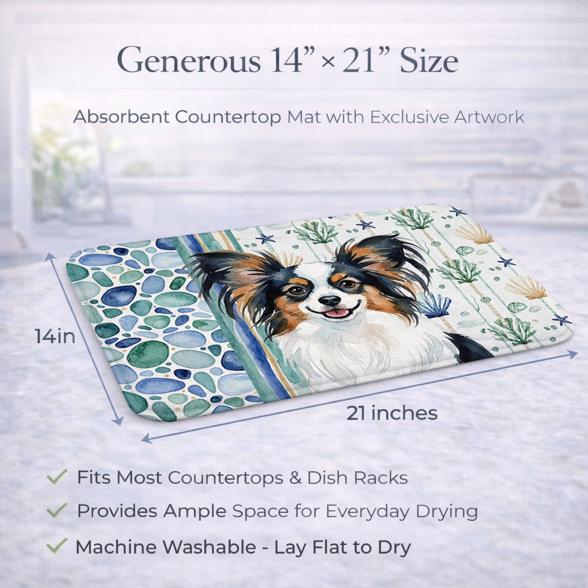 Picture of Carolines Treasures WDK7143DDM 21 x 14 in. Tricolor Papillon Coastal Sea Glass Dish Drying Mat