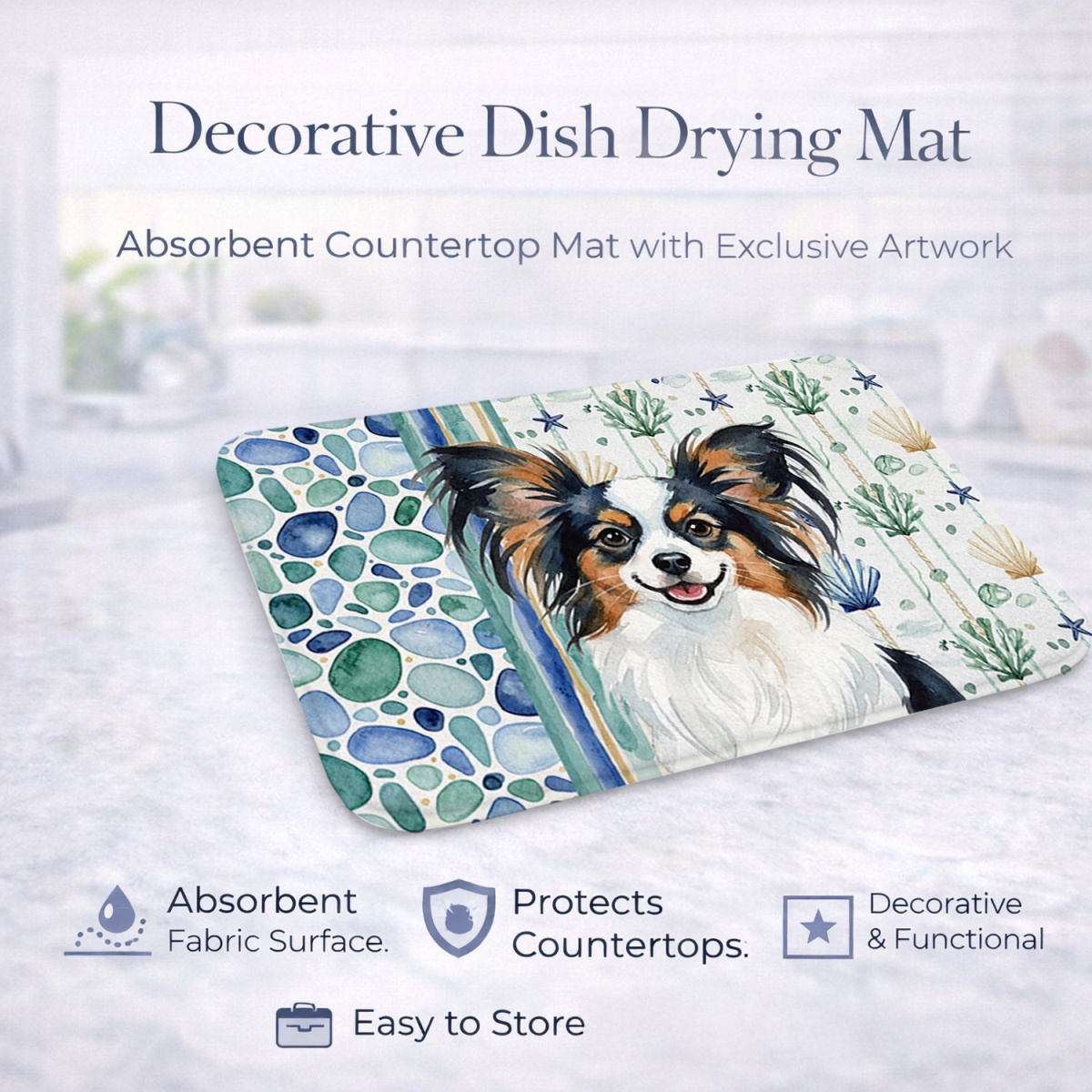 Picture of Carolines Treasures WDK7143DDM 21 x 14 in. Tricolor Papillon Coastal Sea Glass Dish Drying Mat