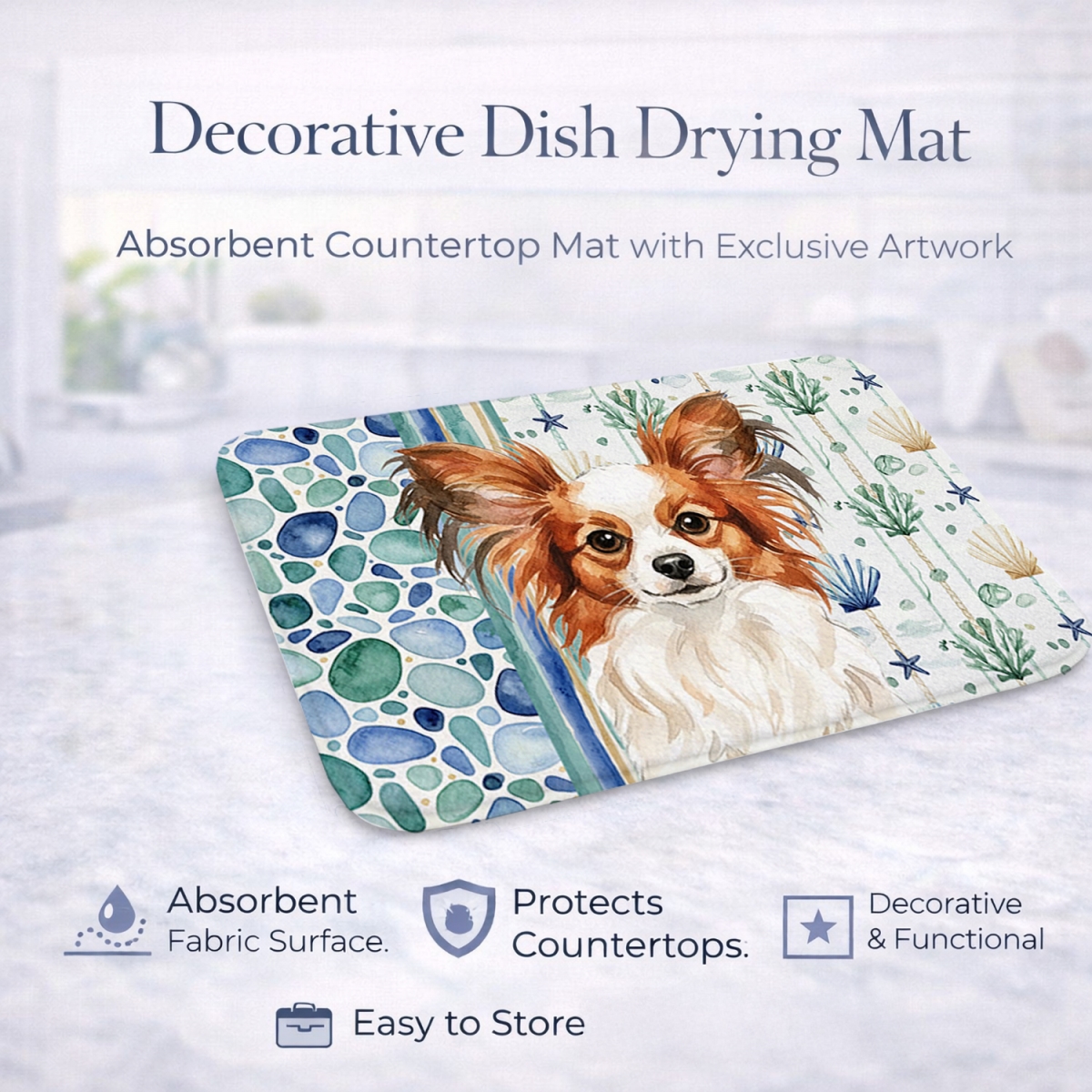 Picture of Carolines Treasures WDK7144DDM 21 x 14 in. White with Red Papillon Coastal Sea Glass Dish Drying Mat