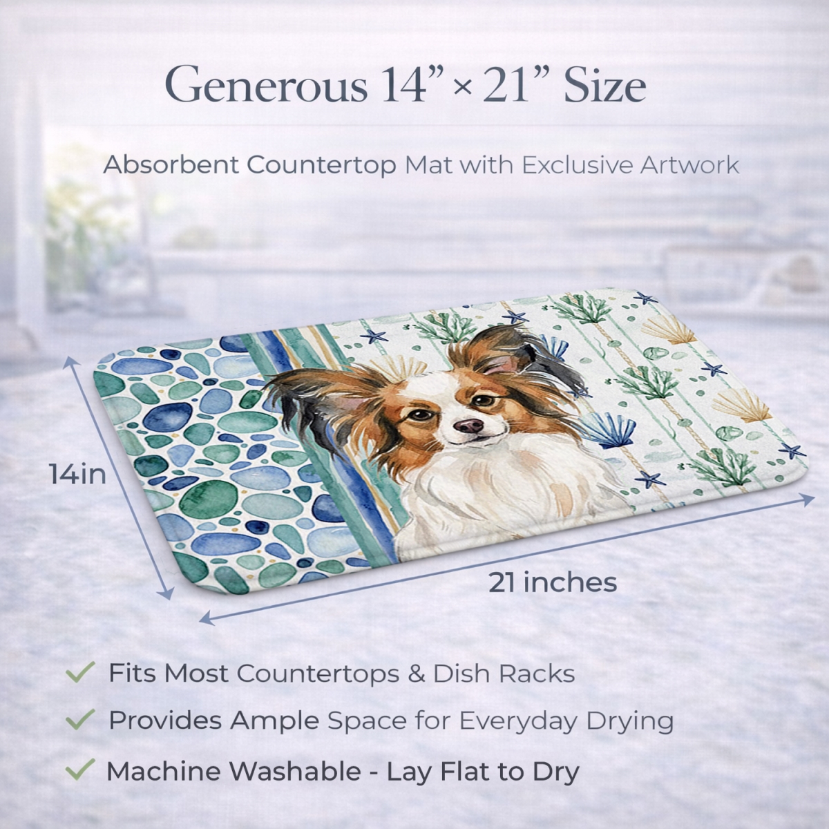 Picture of Carolines Treasures WDK7145DDM 21 x 14 in. White with Sable Papillon Coastal Sea Glass Dish Drying Mat
