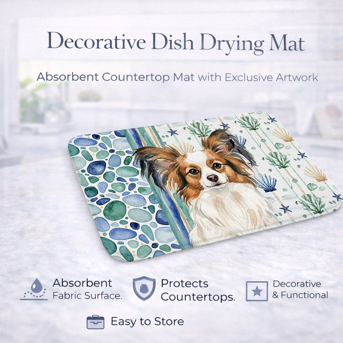 Picture of Carolines Treasures WDK7145DDM 21 x 14 in. White with Sable Papillon Coastal Sea Glass Dish Drying Mat
