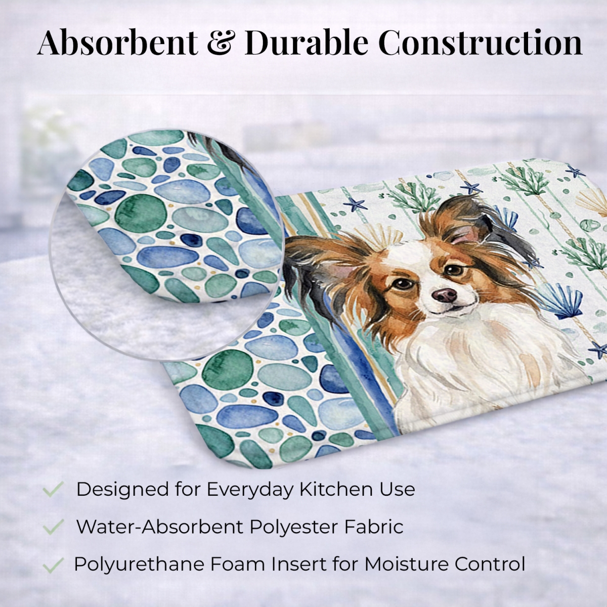 Picture of Carolines Treasures WDK7145DDM 21 x 14 in. White with Sable Papillon Coastal Sea Glass Dish Drying Mat