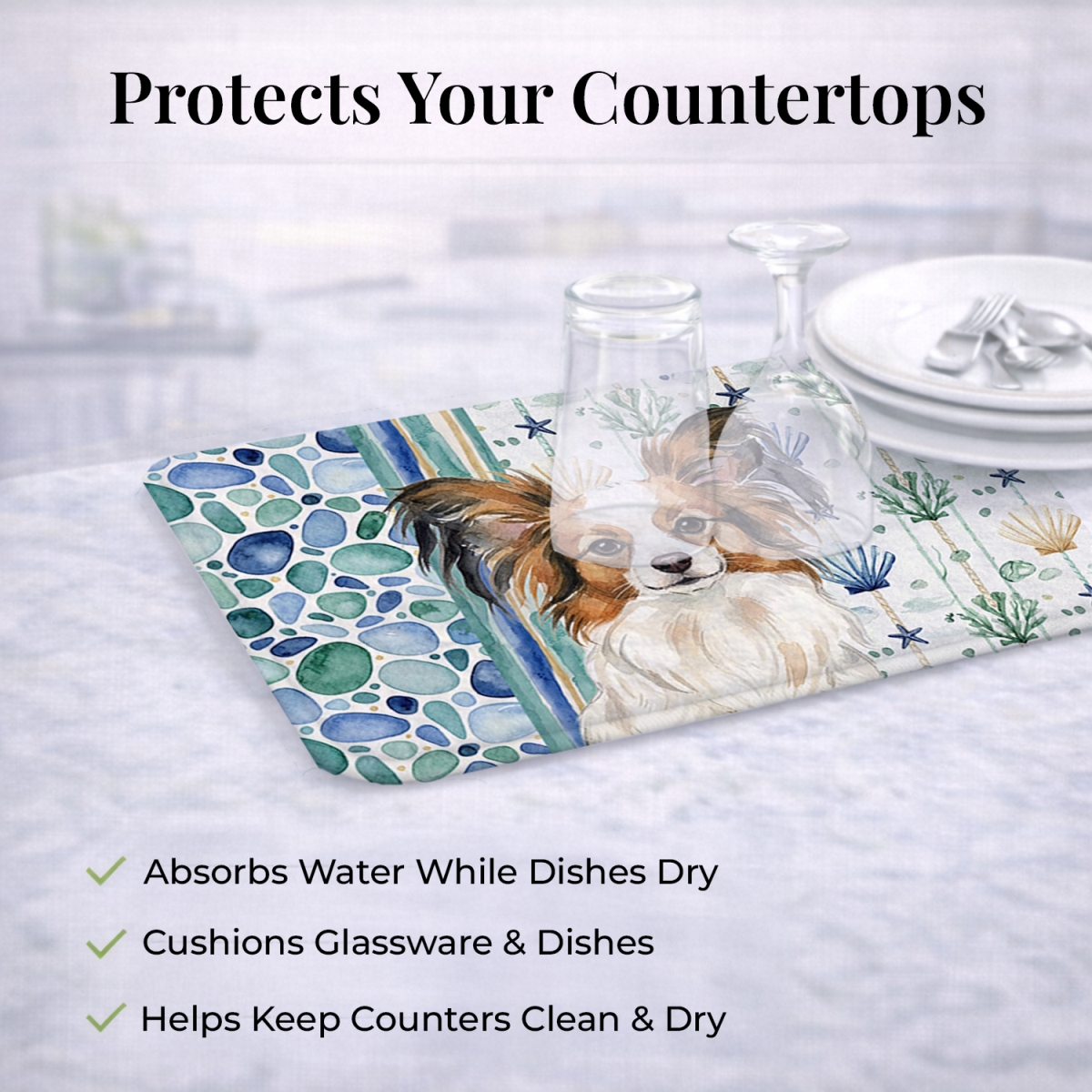 Picture of Carolines Treasures WDK7145DDM 21 x 14 in. White with Sable Papillon Coastal Sea Glass Dish Drying Mat