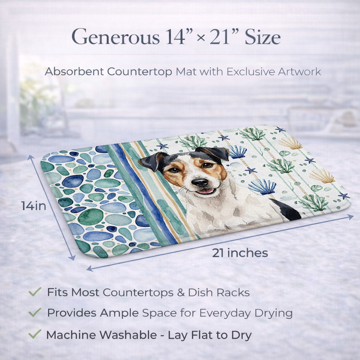 Picture of Carolines Treasures WDK7146DDM 21 x 14 in. Parson Russell Terrier Coastal Sea Glass Dish Drying Mat