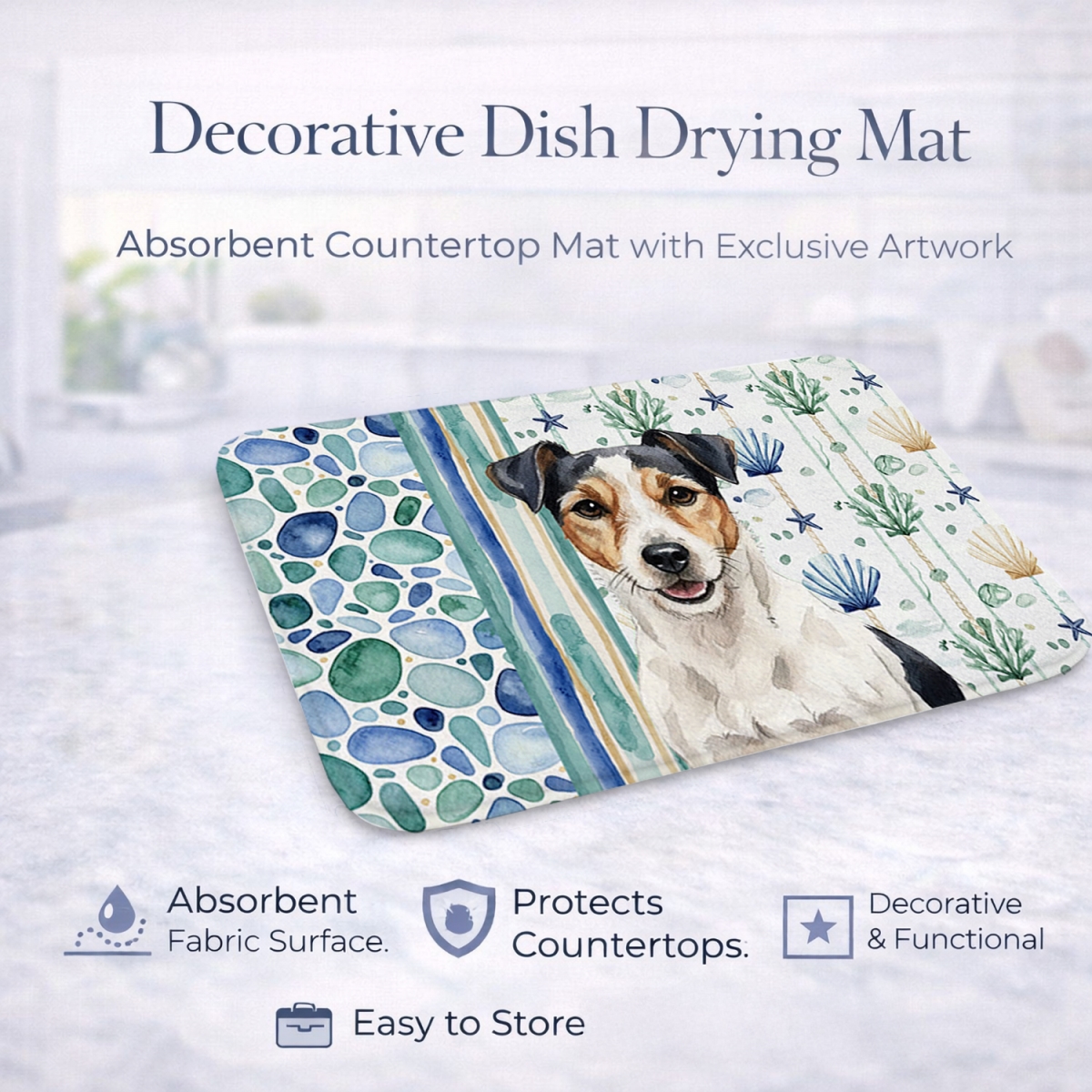 Picture of Carolines Treasures WDK7146DDM 21 x 14 in. Parson Russell Terrier Coastal Sea Glass Dish Drying Mat