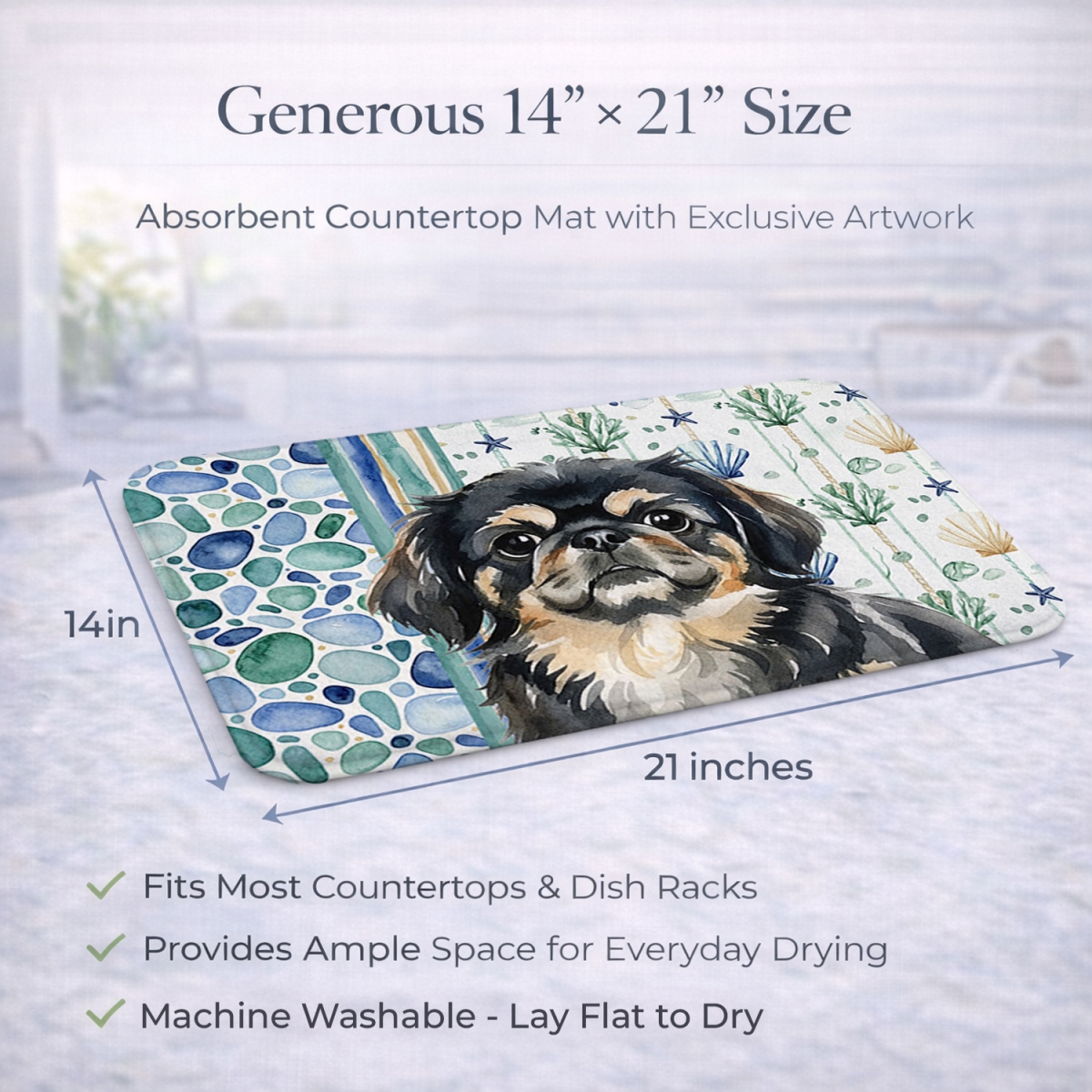 Picture of Carolines Treasures WDK7147DDM 21 x 14 in. Black & Tan Pekingese Coastal Sea Glass Dish Drying Mat