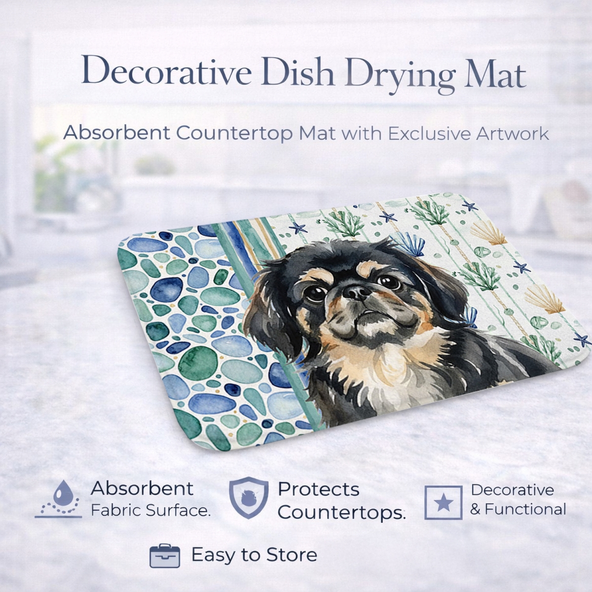 Picture of Carolines Treasures WDK7147DDM 21 x 14 in. Black & Tan Pekingese Coastal Sea Glass Dish Drying Mat
