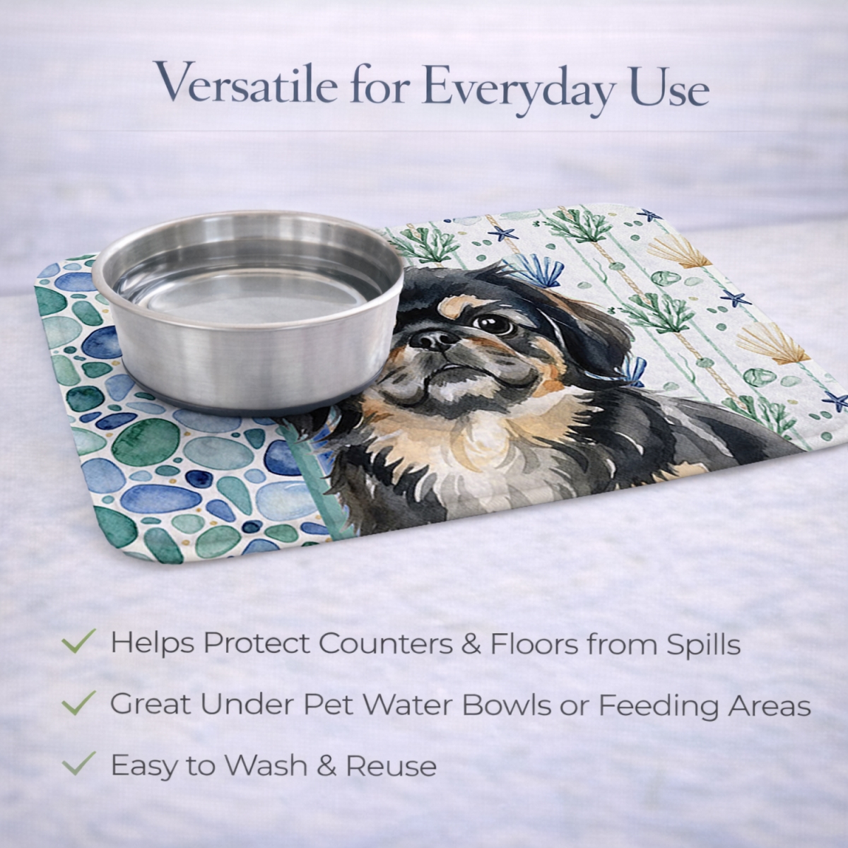 Picture of Carolines Treasures WDK7147DDM 21 x 14 in. Black & Tan Pekingese Coastal Sea Glass Dish Drying Mat