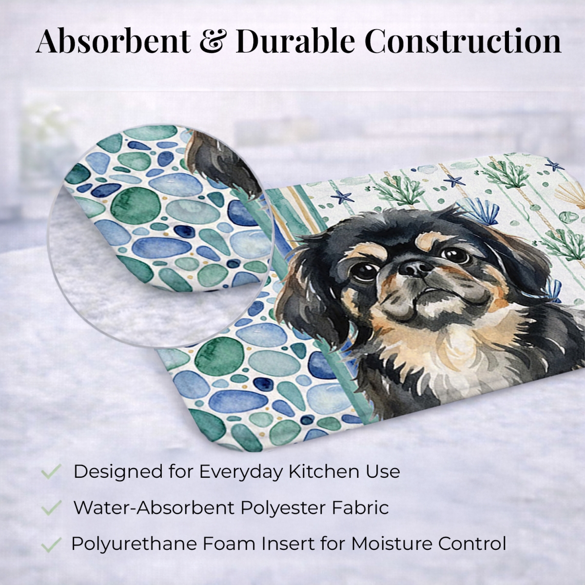 Picture of Carolines Treasures WDK7147DDM 21 x 14 in. Black & Tan Pekingese Coastal Sea Glass Dish Drying Mat