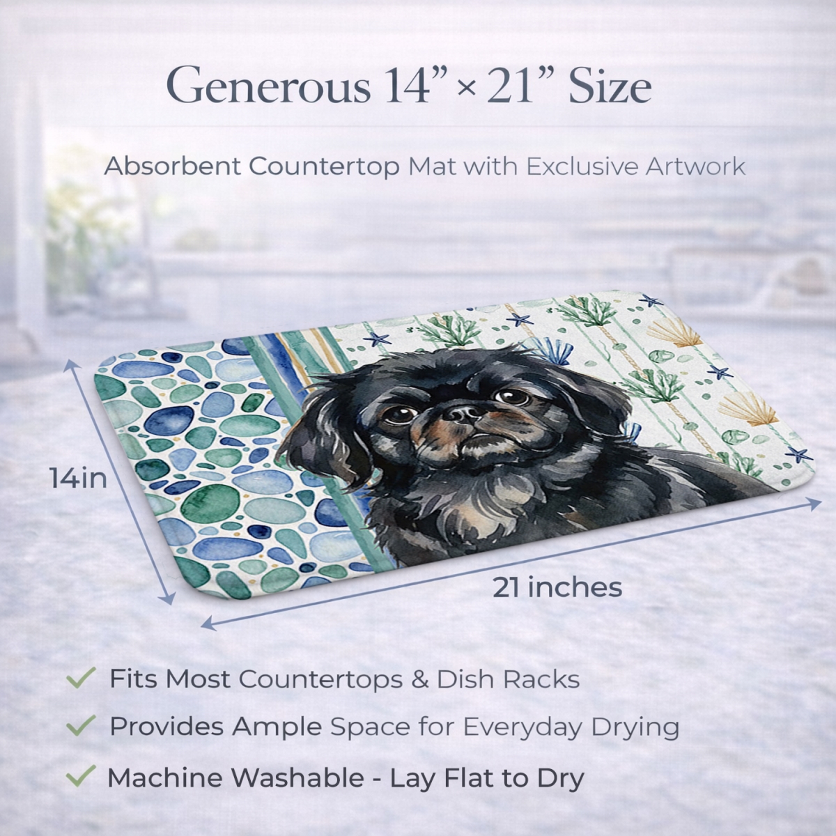 Picture of Carolines Treasures WDK7148DDM 21 x 14 in. Black Pekingese Coastal Sea Glass Dish Drying Mat