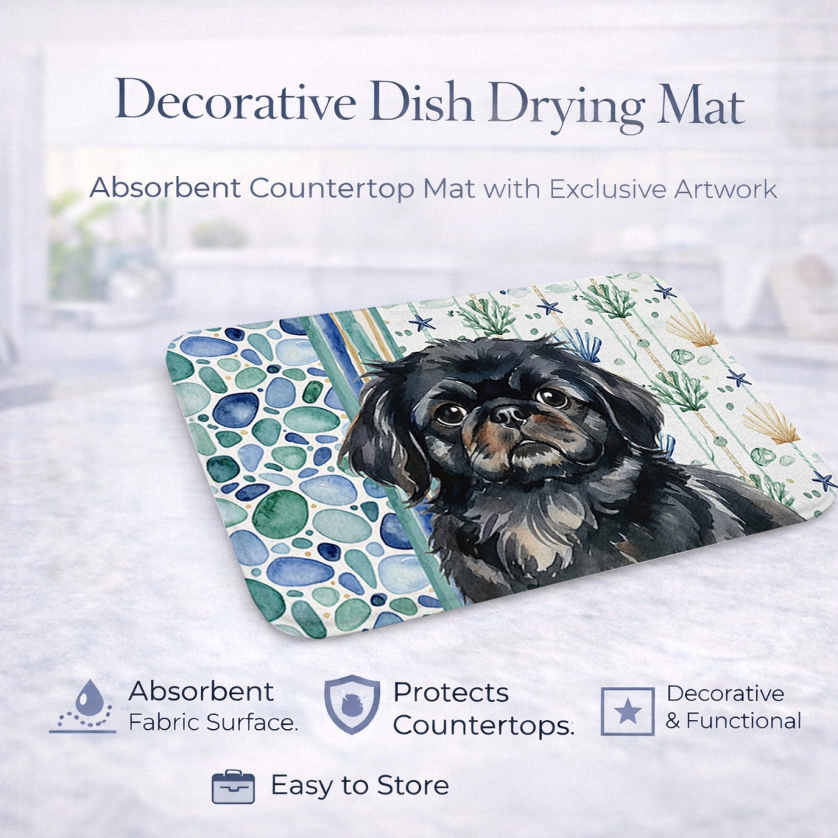 Picture of Carolines Treasures WDK7148DDM 21 x 14 in. Black Pekingese Coastal Sea Glass Dish Drying Mat