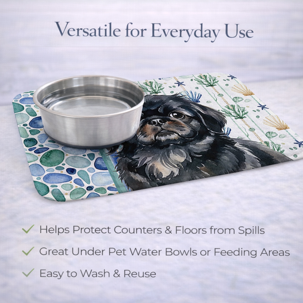 Picture of Carolines Treasures WDK7148DDM 21 x 14 in. Black Pekingese Coastal Sea Glass Dish Drying Mat