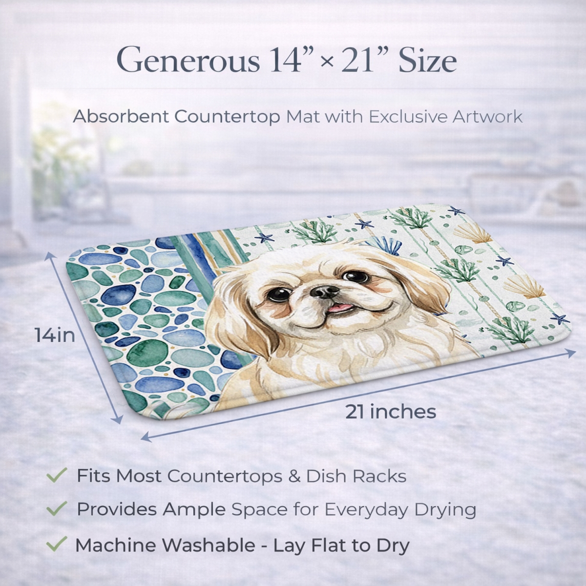 Picture of Carolines Treasures WDK7149DDM 21 x 14 in. Cream Pekingese Coastal Sea Glass Dish Drying Mat