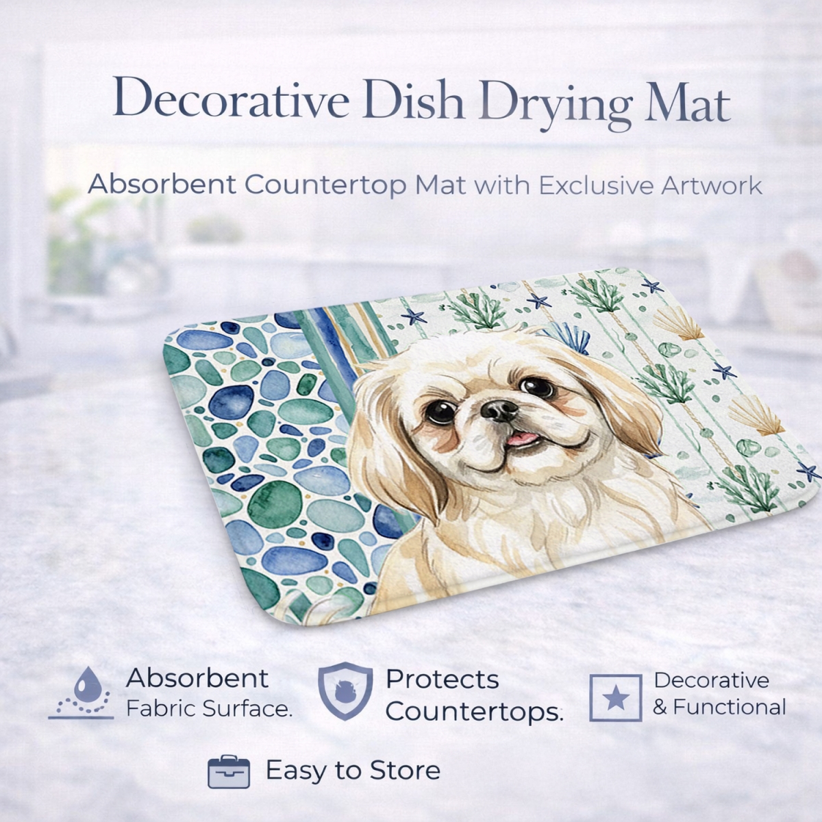 Picture of Carolines Treasures WDK7149DDM 21 x 14 in. Cream Pekingese Coastal Sea Glass Dish Drying Mat