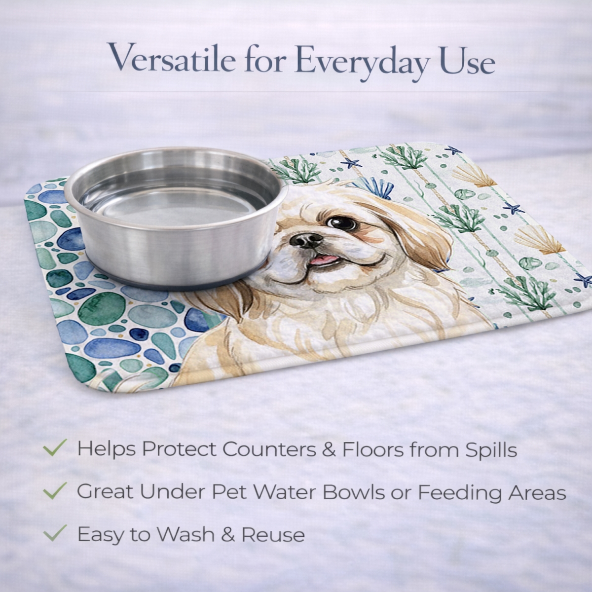 Picture of Carolines Treasures WDK7149DDM 21 x 14 in. Cream Pekingese Coastal Sea Glass Dish Drying Mat