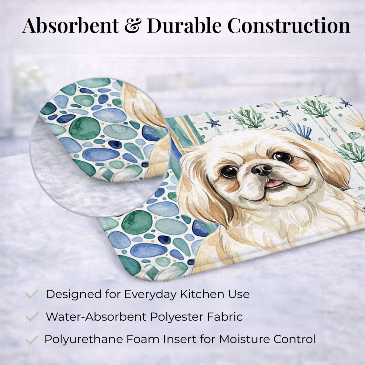 Picture of Carolines Treasures WDK7149DDM 21 x 14 in. Cream Pekingese Coastal Sea Glass Dish Drying Mat