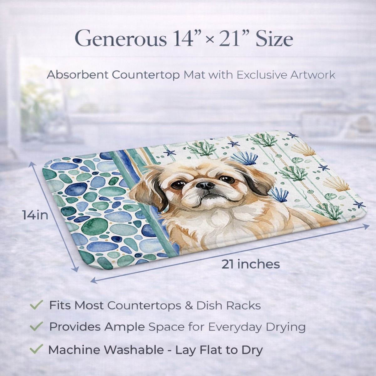 Picture of Carolines Treasures WDK7150DDM 21 x 14 in. Fawn Pekingese Coastal Sea Glass Dish Drying Mat