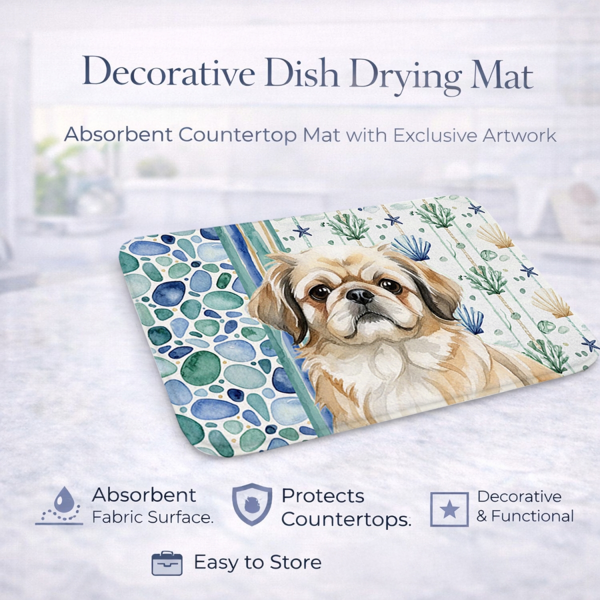 Picture of Carolines Treasures WDK7150DDM 21 x 14 in. Fawn Pekingese Coastal Sea Glass Dish Drying Mat