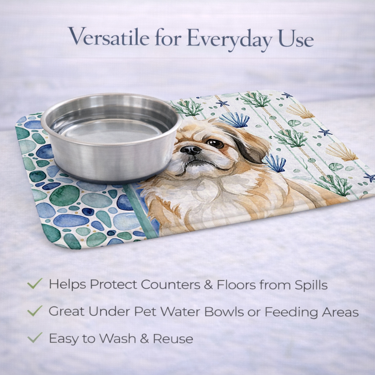 Picture of Carolines Treasures WDK7150DDM 21 x 14 in. Fawn Pekingese Coastal Sea Glass Dish Drying Mat