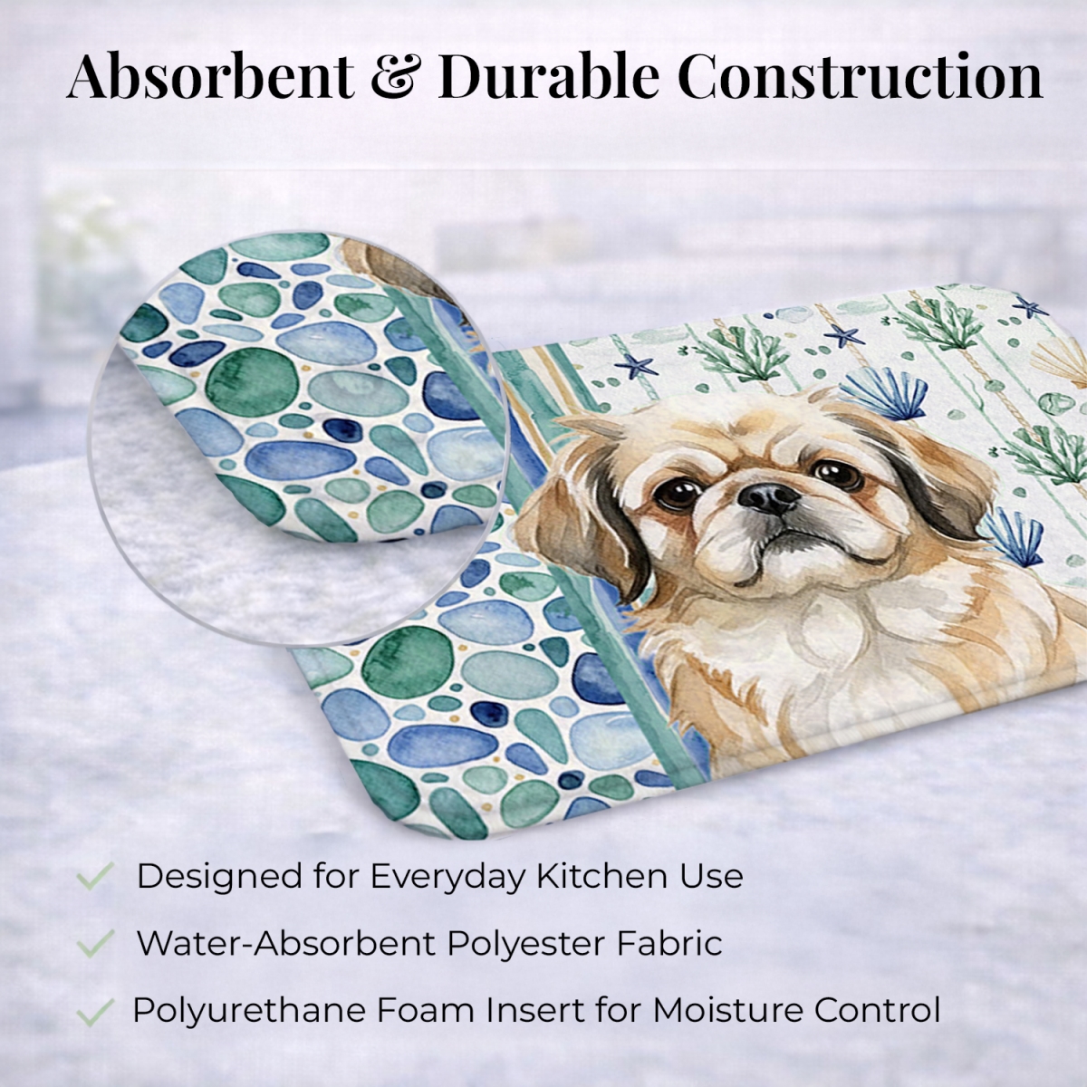 Picture of Carolines Treasures WDK7150DDM 21 x 14 in. Fawn Pekingese Coastal Sea Glass Dish Drying Mat