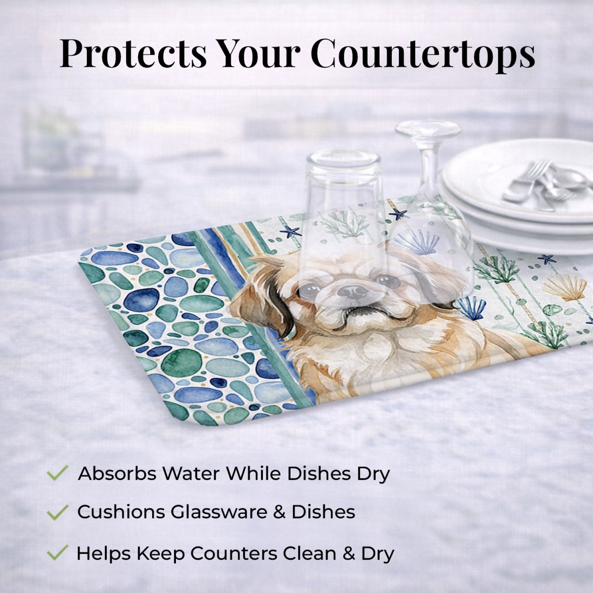 Picture of Carolines Treasures WDK7150DDM 21 x 14 in. Fawn Pekingese Coastal Sea Glass Dish Drying Mat