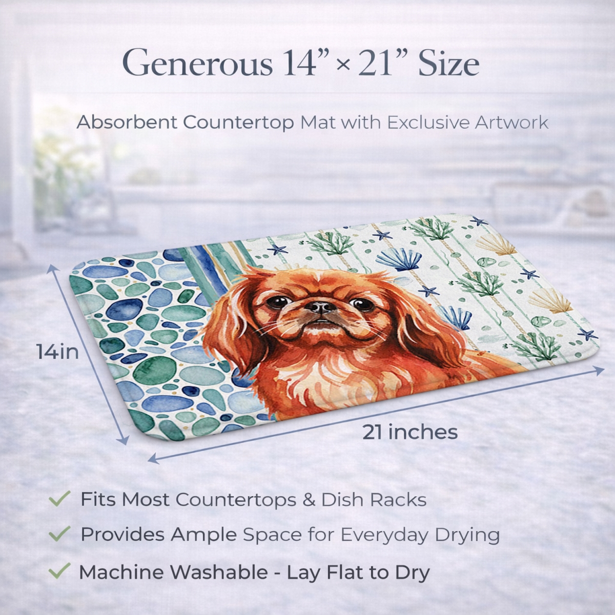 Picture of Carolines Treasures WDK7151DDM 21 x 14 in. Red Pekingese Coastal Sea Glass Dish Drying Mat