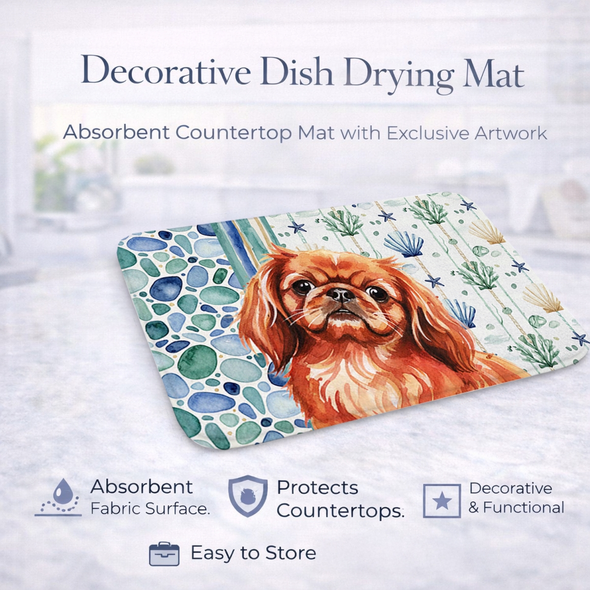 Picture of Carolines Treasures WDK7151DDM 21 x 14 in. Red Pekingese Coastal Sea Glass Dish Drying Mat