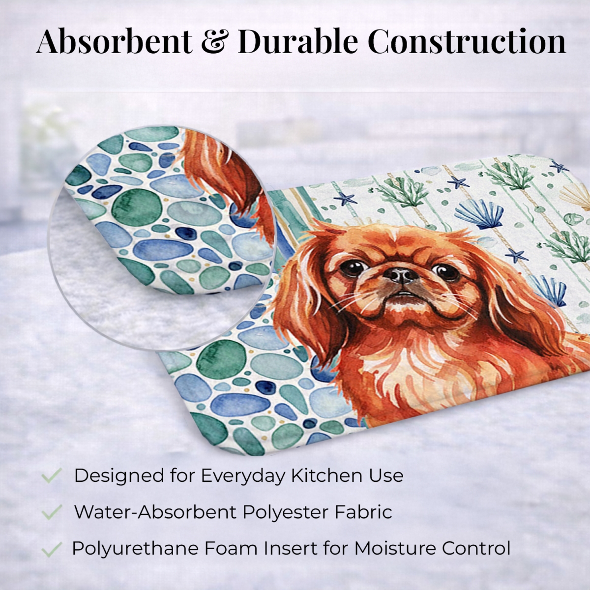 Picture of Carolines Treasures WDK7151DDM 21 x 14 in. Red Pekingese Coastal Sea Glass Dish Drying Mat
