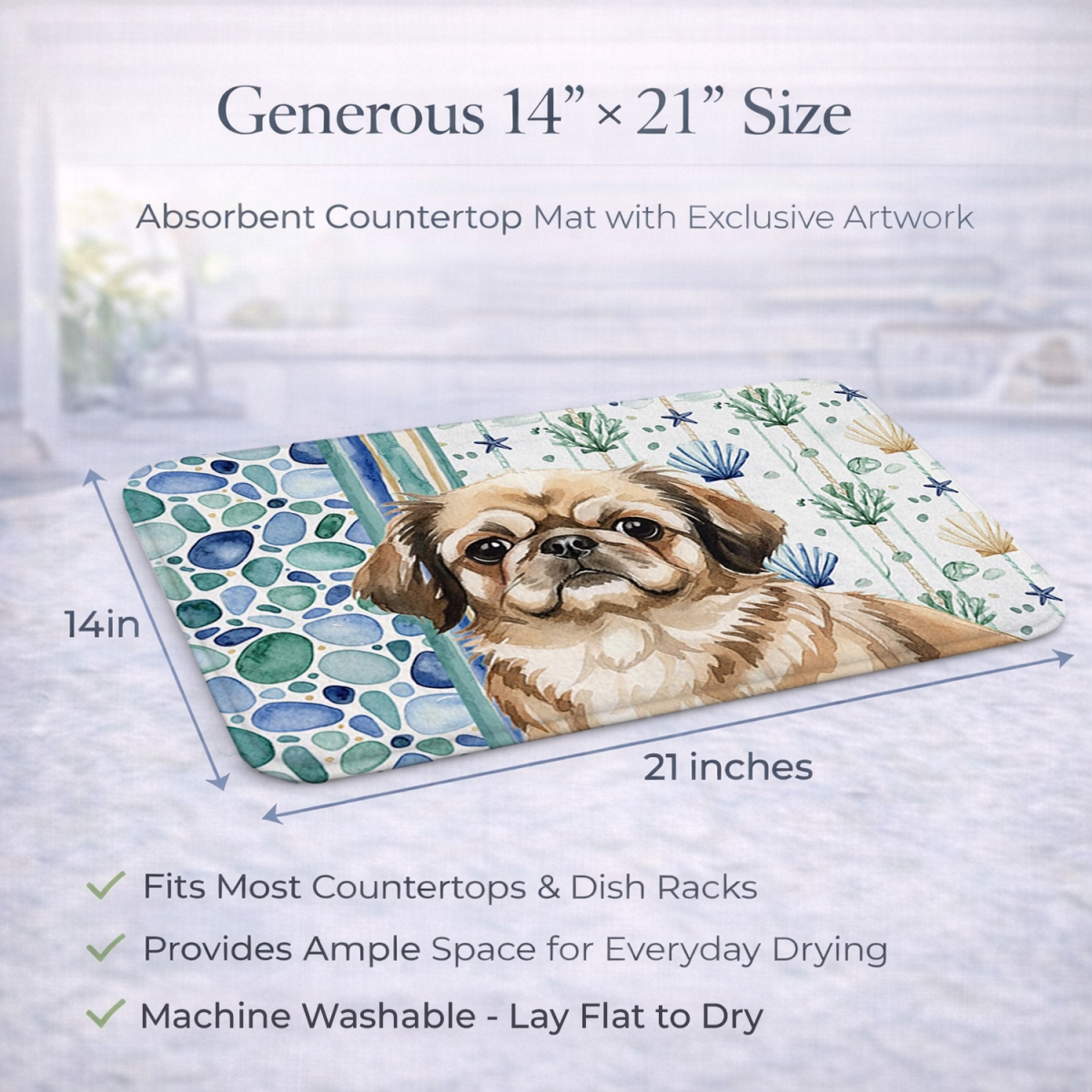 Picture of Carolines Treasures WDK7152DDM 21 x 14 in. Sable Pekingese Coastal Sea Glass Dish Drying Mat
