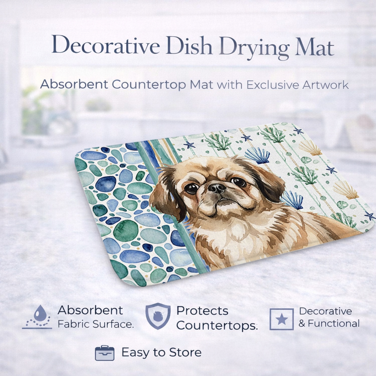 Picture of Carolines Treasures WDK7152DDM 21 x 14 in. Sable Pekingese Coastal Sea Glass Dish Drying Mat