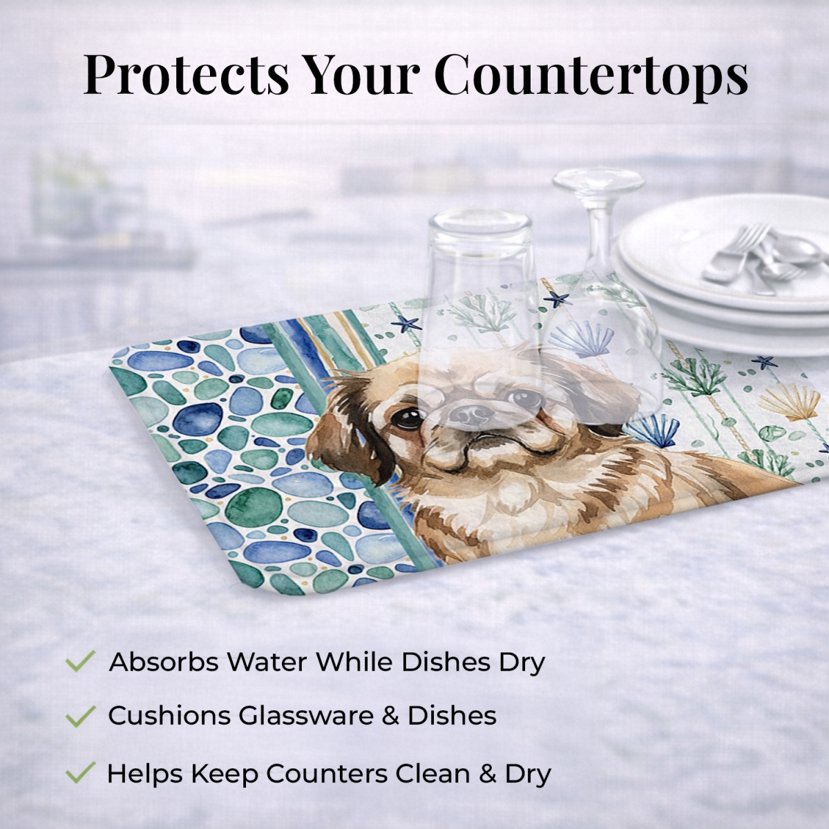 Picture of Carolines Treasures WDK7152DDM 21 x 14 in. Sable Pekingese Coastal Sea Glass Dish Drying Mat