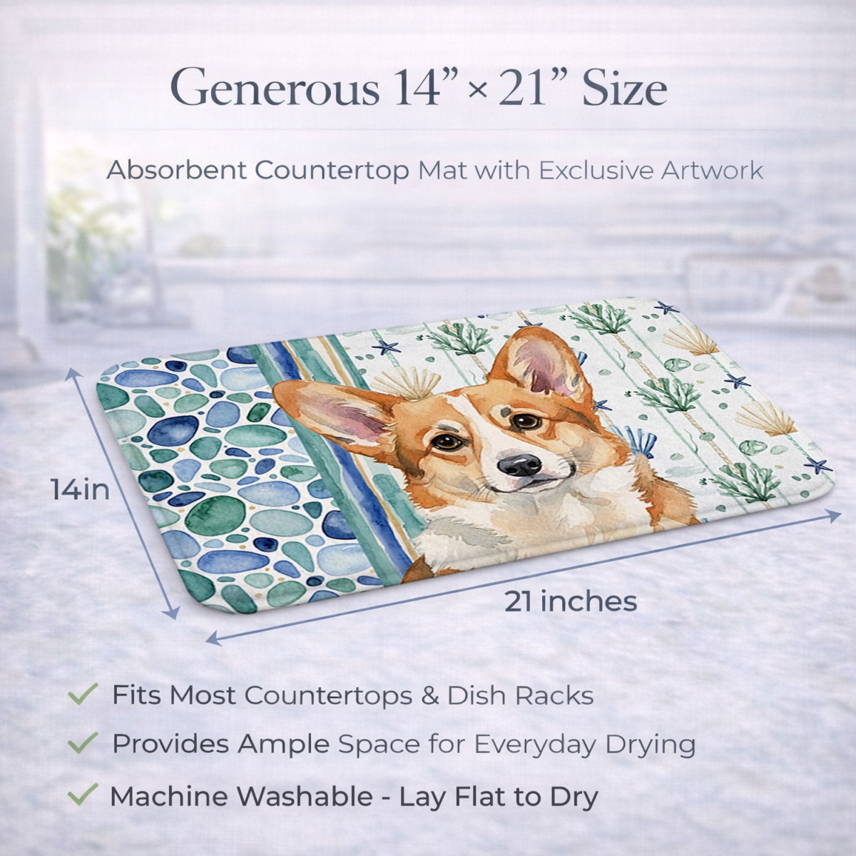 Picture of Carolines Treasures WDK7153DDM 21 x 14 in. Corgi Coastal Sea Glass Dish Drying Mat