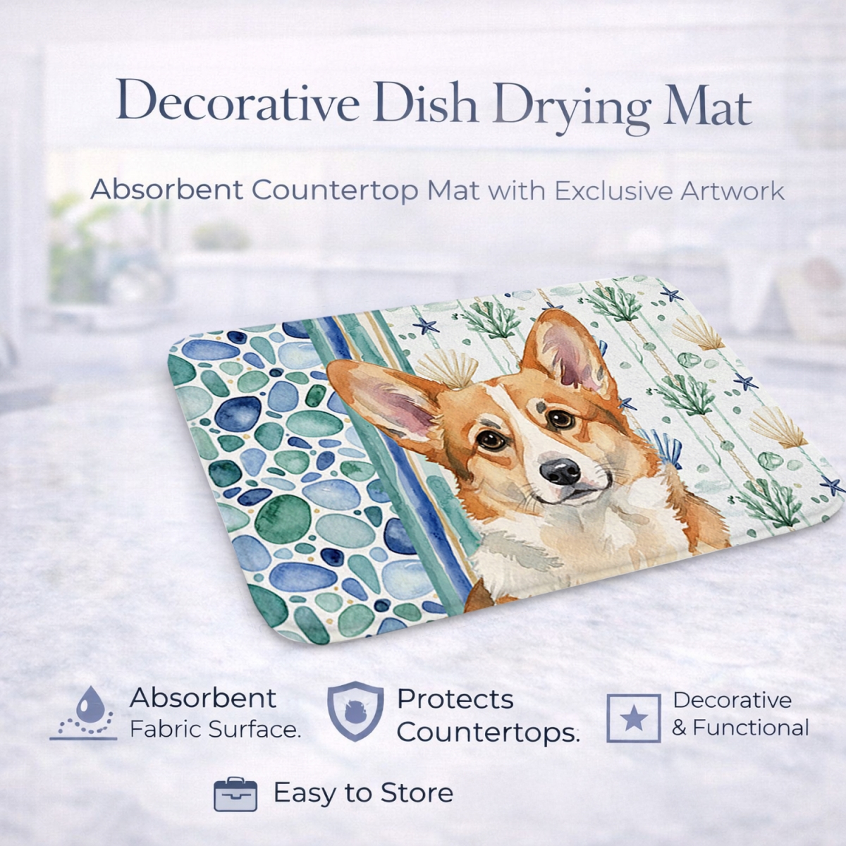 Picture of Carolines Treasures WDK7153DDM 21 x 14 in. Corgi Coastal Sea Glass Dish Drying Mat