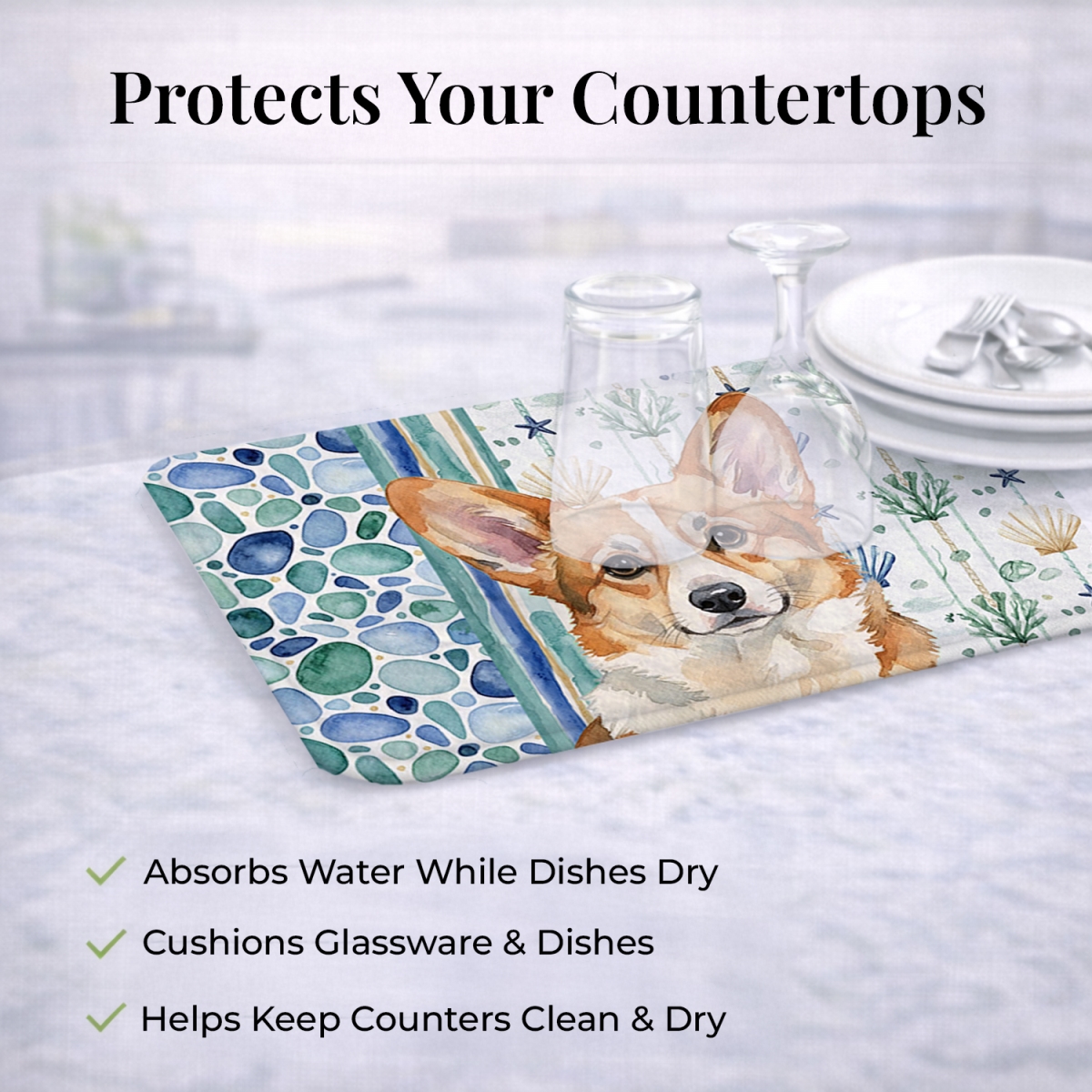 Picture of Carolines Treasures WDK7153DDM 21 x 14 in. Corgi Coastal Sea Glass Dish Drying Mat