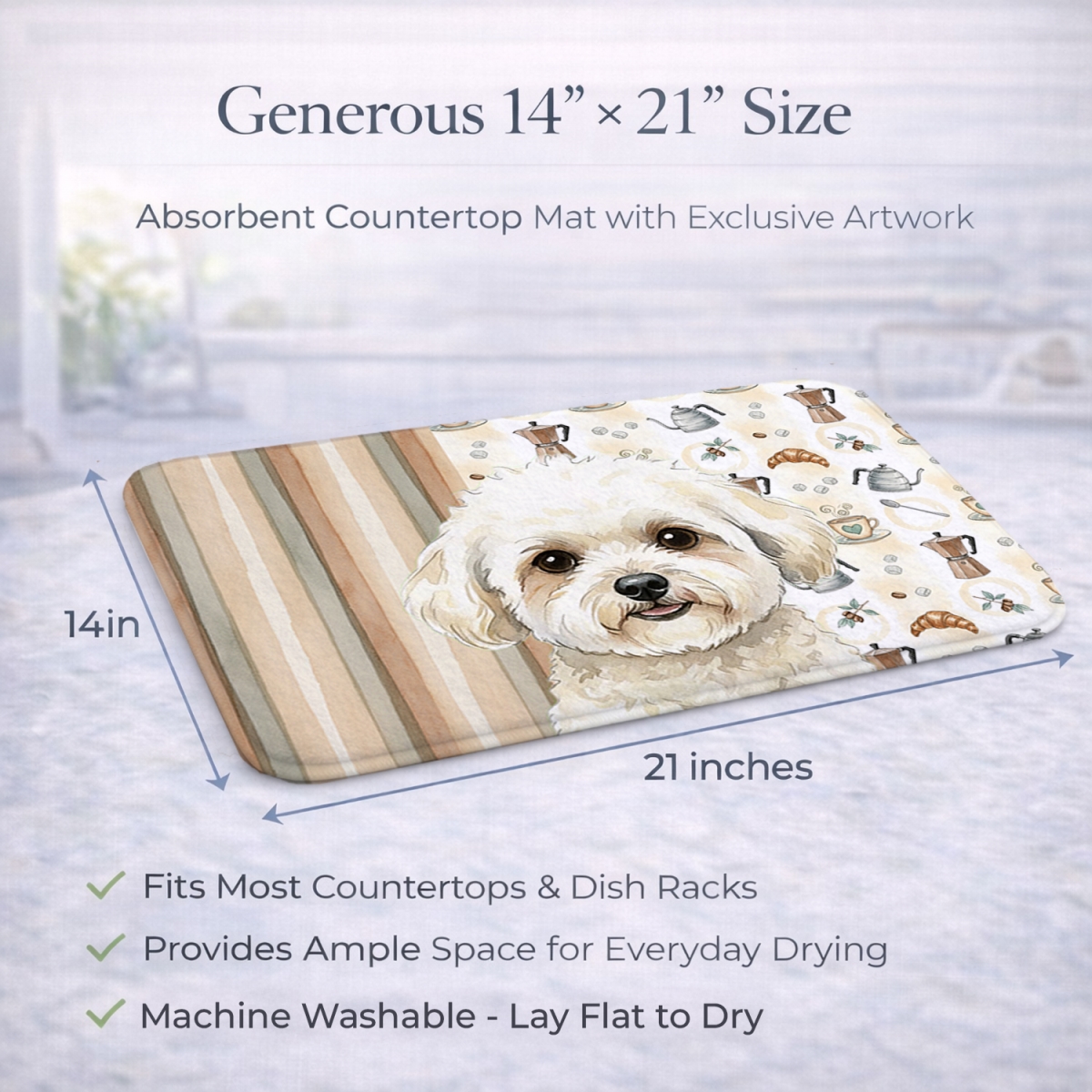Picture of Carolines Treasures WDK7315DDM 21 x 14 in. White & Cream Bichon Frise Coffee Bar Dish Drying Mat
