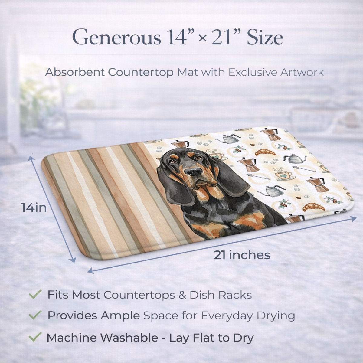 Picture of Carolines Treasures WDK7317DDM 21 x 14 in. Black & Tan Bloodhound Coffee Bar Dish Drying Mat