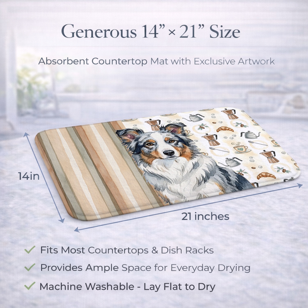 Picture of Carolines Treasures WDK7322DDM 21 x 14 in. Blue Merle Border Collie Coffee Bar Dish Drying Mat