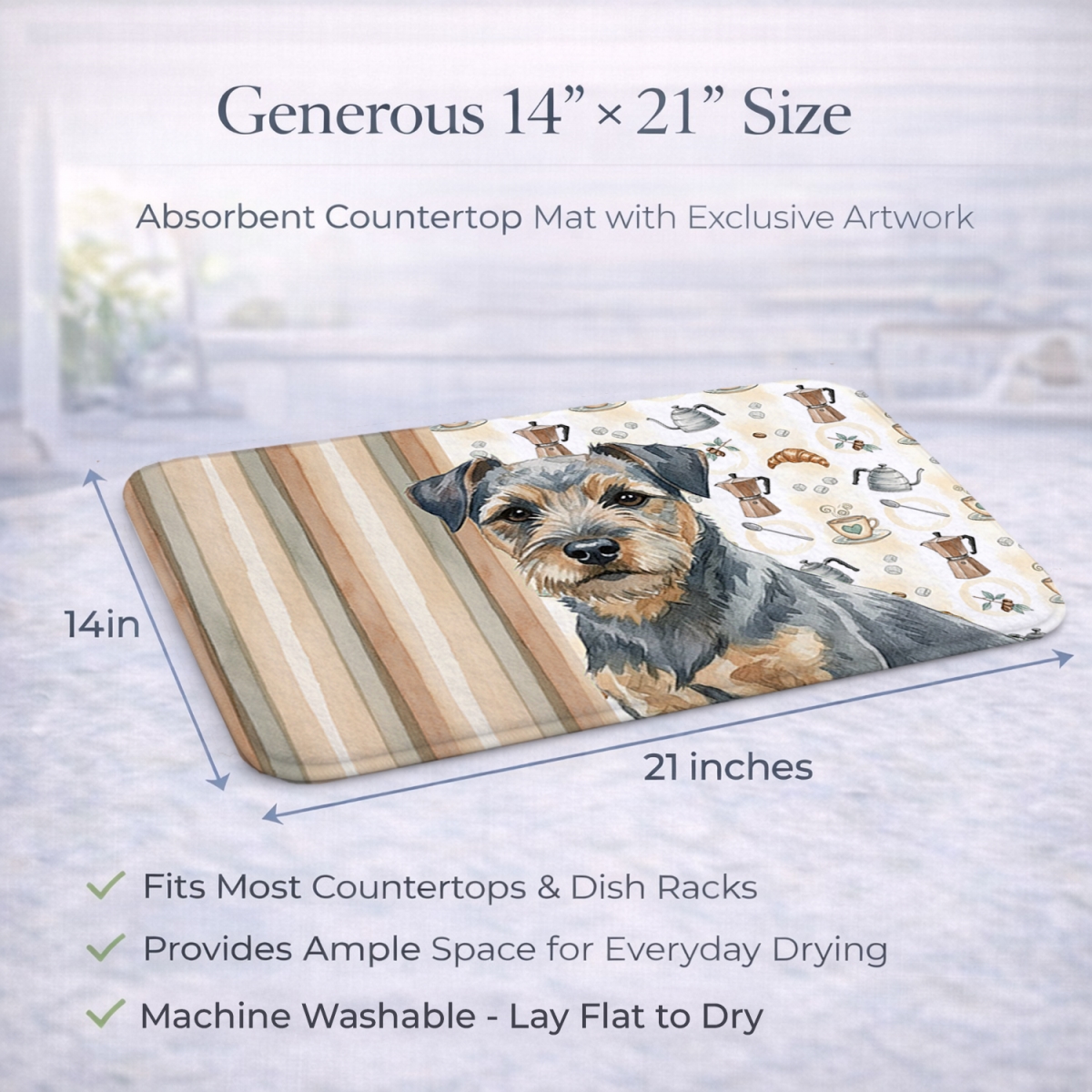 Picture of Carolines Treasures WDK7325DDM 21 x 14 in. Blue & Tan Border Terrier Coffee Bar Dish Drying Mat