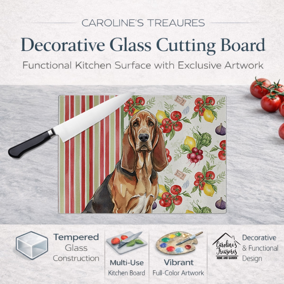 Picture of Carolines Treasures WDK8118LCB 11.25 x 15.25 in. Liver & Tan Bloodhound Vegetables Glass Cutting Board