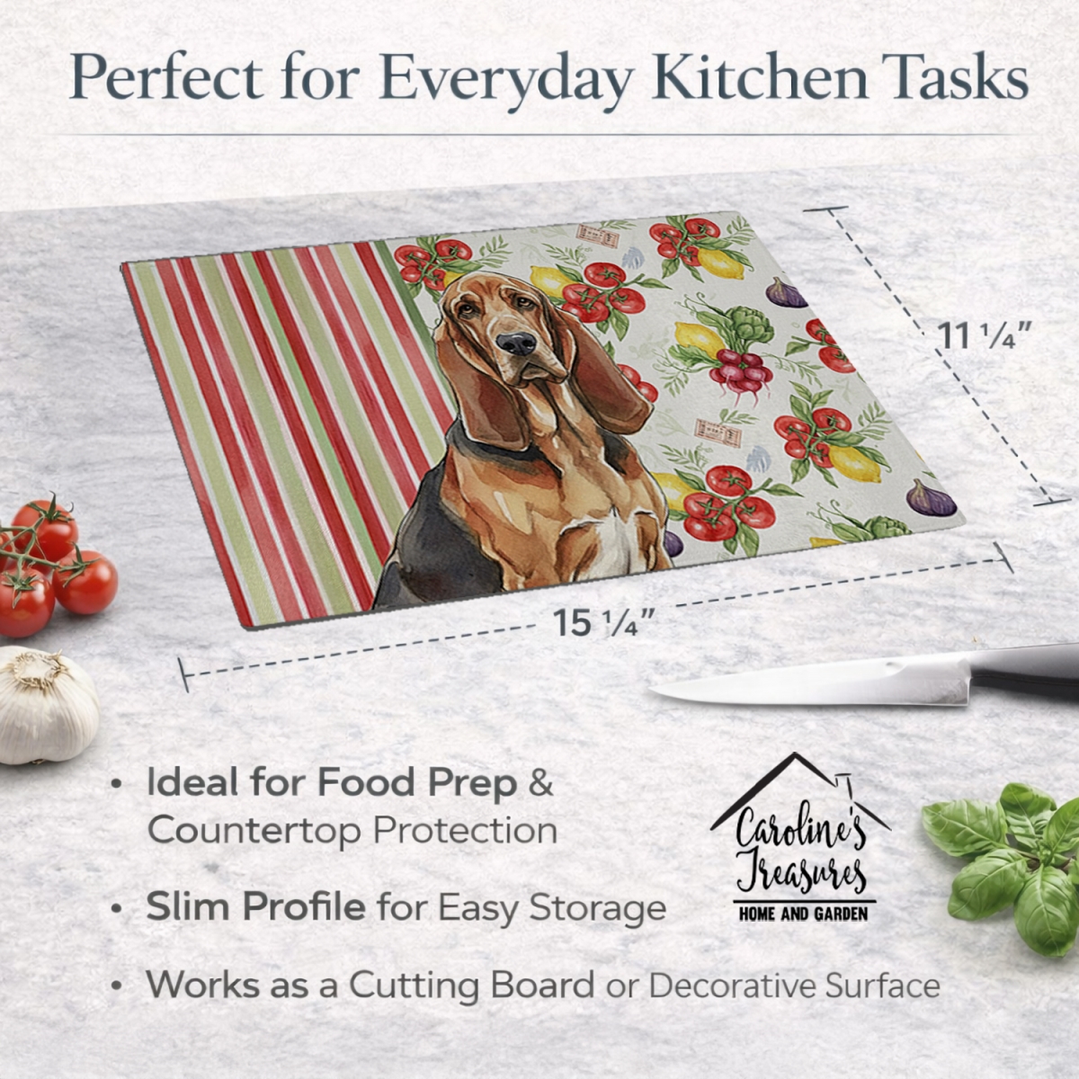 Picture of Carolines Treasures WDK8118LCB 11.25 x 15.25 in. Liver & Tan Bloodhound Vegetables Glass Cutting Board