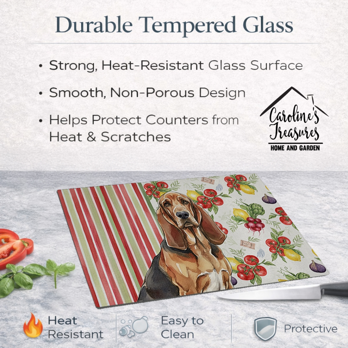 Picture of Carolines Treasures WDK8118LCB 11.25 x 15.25 in. Liver & Tan Bloodhound Vegetables Glass Cutting Board