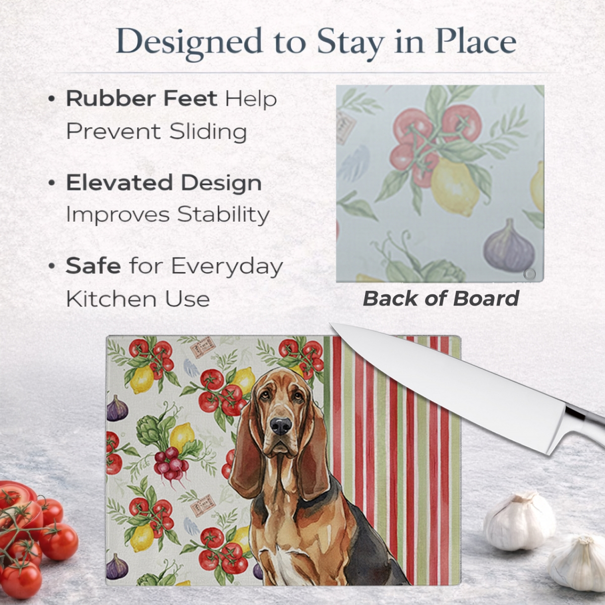 Picture of Carolines Treasures WDK8118LCB 11.25 x 15.25 in. Liver & Tan Bloodhound Vegetables Glass Cutting Board