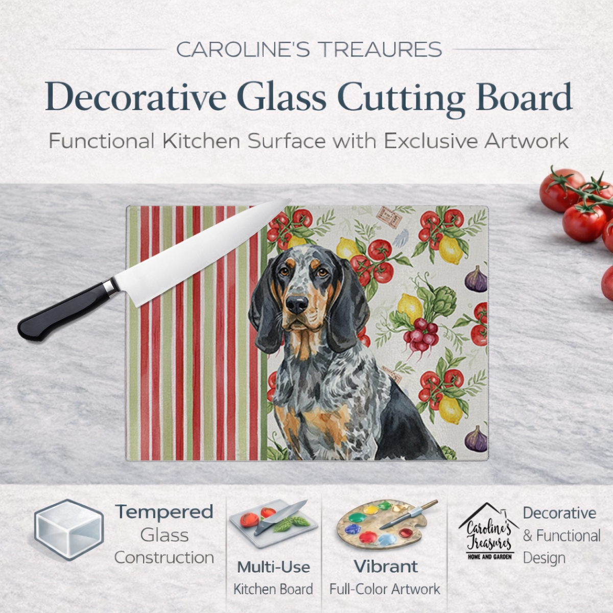 Picture of Carolines Treasures WDK8119LCB 11.25 x 15.25 in. Bluetick Coonhound Vegetables Glass Cutting Board