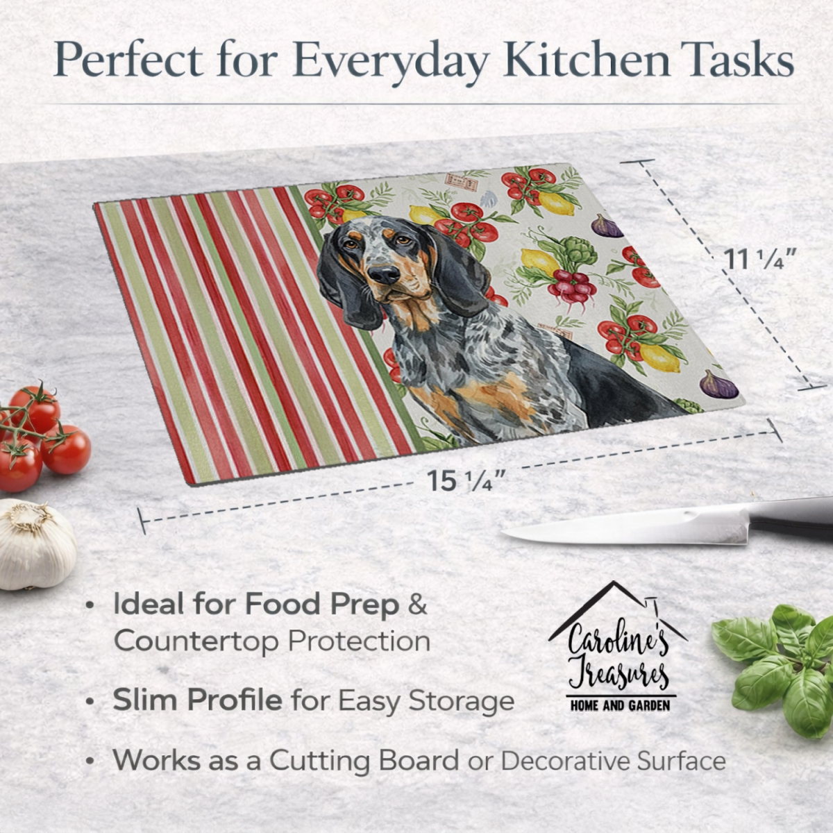 Picture of Carolines Treasures WDK8119LCB 11.25 x 15.25 in. Bluetick Coonhound Vegetables Glass Cutting Board