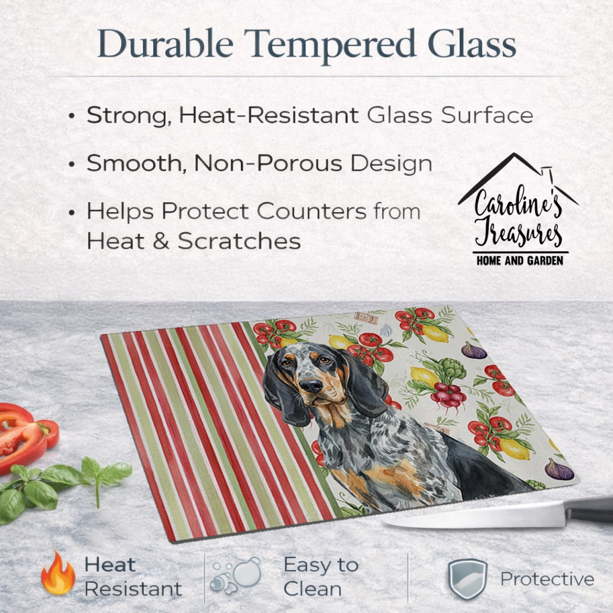 Picture of Carolines Treasures WDK8119LCB 11.25 x 15.25 in. Bluetick Coonhound Vegetables Glass Cutting Board